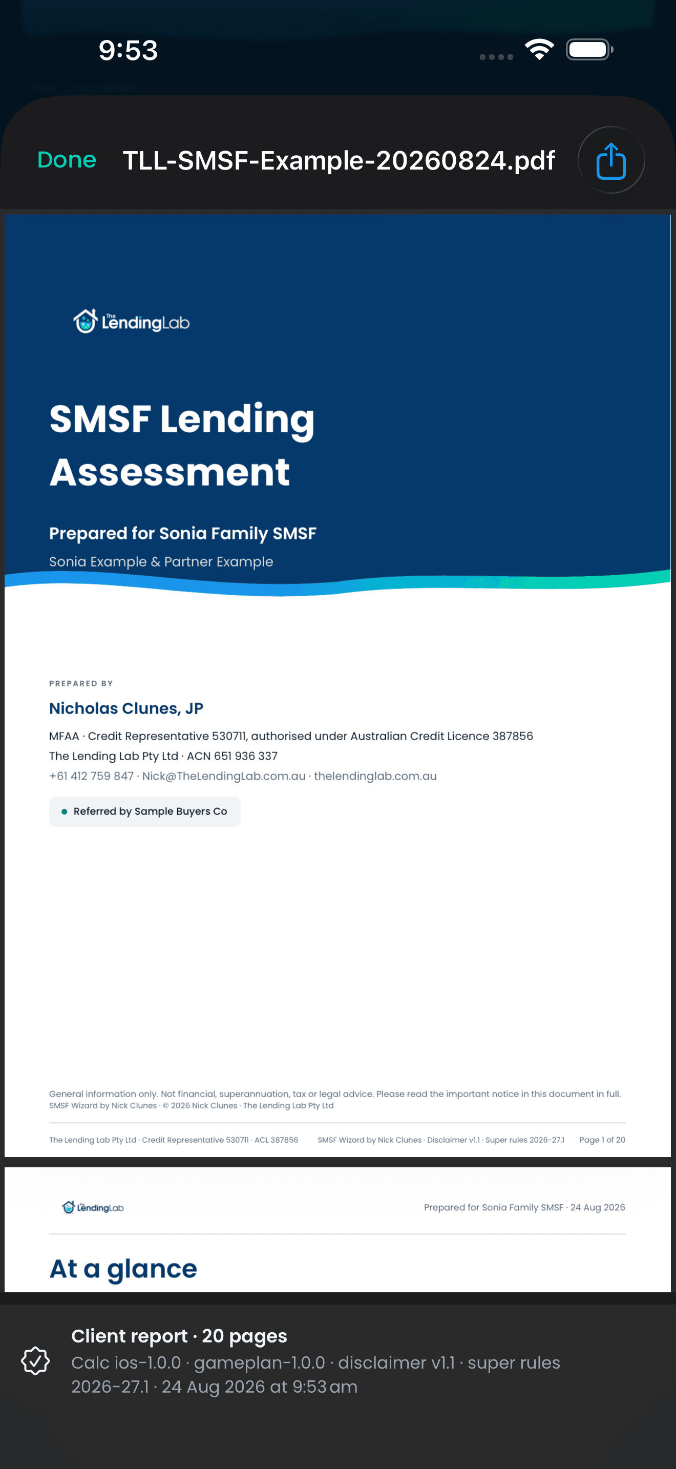 Sample SMSF lending assessment report prepared by Nick Clunes — cover page and at-a-glance summary for an example fund.